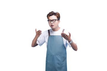 Focused Expression in Culinary Attire: A chef, clad in a professional apron and eyeglasses, passionately explains a culinary concept, using hand gestures to engage in the scene.