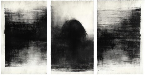 Triptych of three vertical charcoal panels with heavy smudged textures and a central shadowy head silhouette evoking haunting melancholic isolation