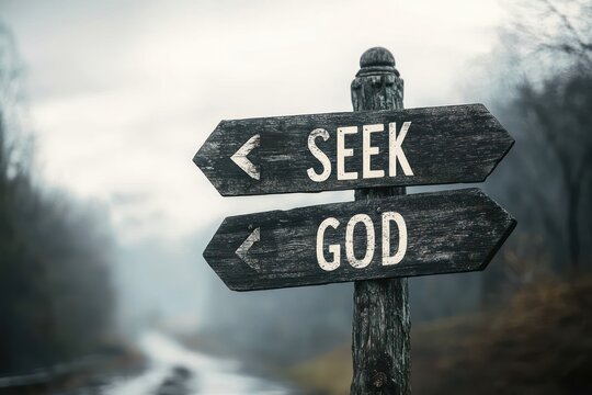 Weathered wooden signpost with two left pointing arrows reading seek god beside a foggy winding country road, bare trees and a moody contemplative atmosphere