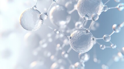 transparent glass-like molecular spheres connected by thin bonds in a soft blue glowing network, floating delicately and evoking calm scientific wonder