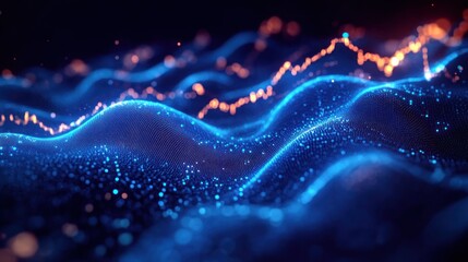 futuristic undulating blue particle waves and mesh with a glowing orange data line over a dark depth-filled background, dynamic and mesmerizing