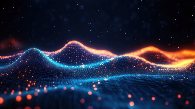 Glowing blue and orange digital wave landscape of connected grid and floating particles, a futuristic dynamic abstract scene evoking energy and depth - Powered by Adobe