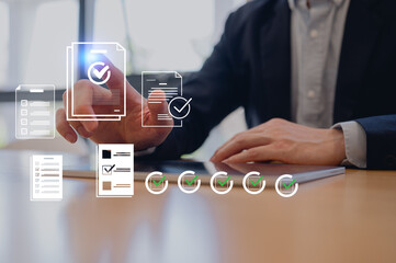 Businessman pointing present virtual screen in concept of practices and policies , procedure company articles of association Terms and Conditions compliance rules and law regulation policy