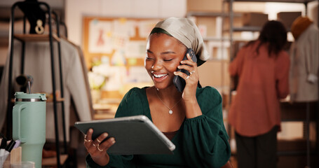 Woman, designer and phone call with tablet at workshop, fashion or dropshipping order at startup. Person, smartphone and tech for talk, application and happy with feedback with clothes sale at studio