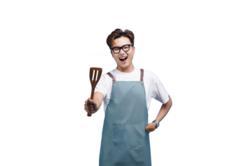 Joyful Chef with Kitchen Utensil: An enthusiastic chef, beaming with delight, proudly presents a wooden spatula, ready to embark on a culinary adventure.