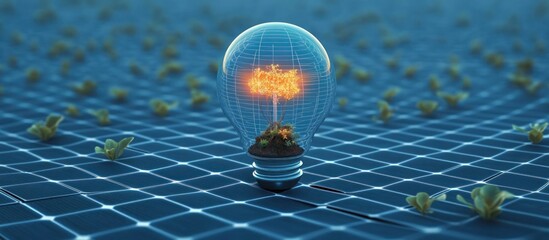 glass light bulb containing a glowing miniature tree and soil, placed on a solar panel grid with scattered seedlings, evoking hopeful sustainable innovation and growth