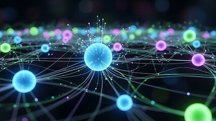 Dynamic abstract representation of interconnected data nodes forming a futuristic digital network, illustrating advanced technology and artificial intelligence concepts