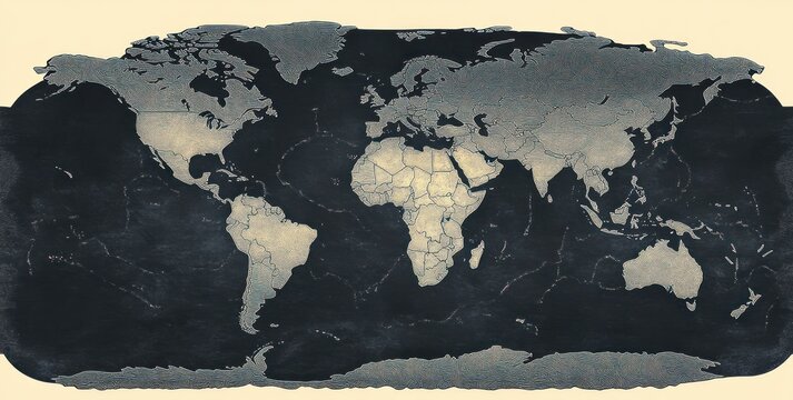 Textured vintage world map showing all continents and country borders on a dark ocean background, evoking a calm nostalgic and exploratory mood