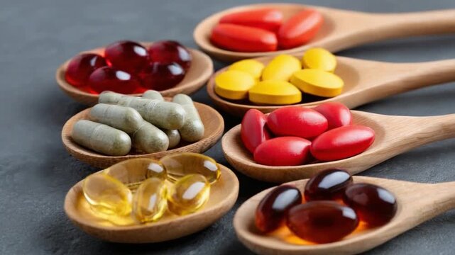 Colorful Vitamins Display: A vibrant assortment of colorful vitamins are artfully arranged in wooden spoons, highlighting their potential benefits for promoting overall wellness and vitality.