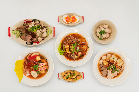 spicy thai pork noodle, boat Noodle, "Kuay Tiew Rua" with pork rind and pork Crackling