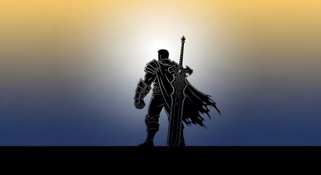 Silhouette of a warrior standing with a sword on his back against a gradient background of yellow, white, and blue colors