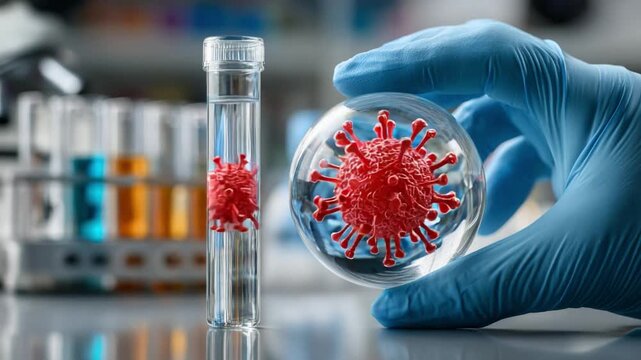 Microscopic Examination: A close-up view of a scientist's hand holding a transparent sphere revealing a detailed view of a virus, alongside a test tube.