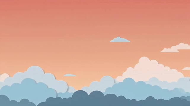 Abstract vector art of a picturesque sky at sunrise or sunset, featuring layered, puffy clouds in a modern flat design style with warm pastel tones
