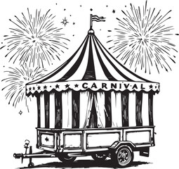 Obraz premium Black and white vector illustration of mobile carnival tent on trailer with fireworks for festive celebration