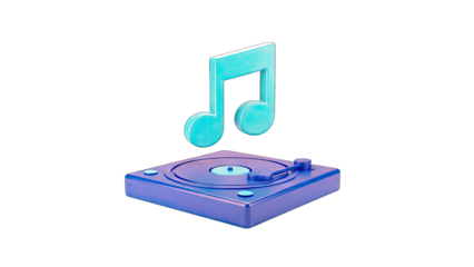 3D Music Note Floating Above Turntable - Isolated on White