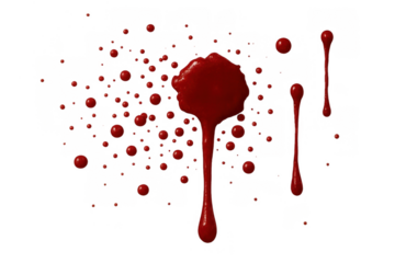 Red blood splatter with dripping liquid, creating an abstract stain texture for crime, horror, and medical concepts