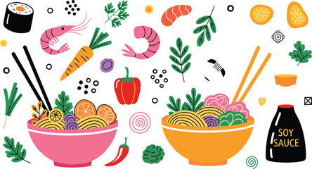Asian food vector collection with ramen bowls sushi shrimp and fresh vegetables for Japanese restaurant menu healthy eating and oriental cuisine illustration.