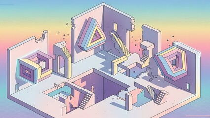 Captivating isometric dreamscape showcasing a vibrant pastel abstract architectural wonder with playful geometric shapes and shattered walls, inviting exploration
