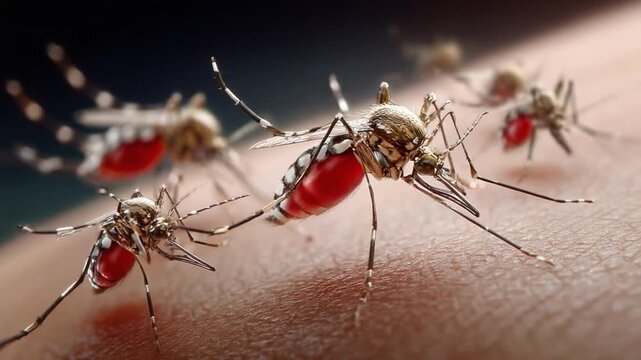Mosquito Attack: A close-up view of mosquitoes swarming and feeding on skin, a scene illustrating the spread of disease and need for prevention.