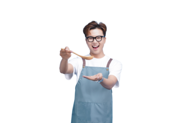 Taste Test: A culinary enthusiast, adorned in an apron, joyfully assesses a spoonful of delectable food, radiating happiness and anticipation for a satisfying experience.