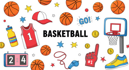 Basketball sports vector collection featuring jersey basketballs hoop scoreboard whistle and athletic gear for team tournament branding youth league and school sports designs.
