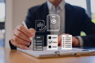 Man using pen and digital tablet with document icons Document data system Report HR technology Concept, Businessman Manager checking white documents reports papers of files icon in modern office