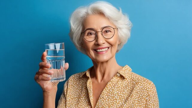 Cheerful Hydration: An elderly woman with silver hair, adorned with spectacles, embraces well-being as she raises a glass of pure water, celebrating health and hydration with a warm smile.