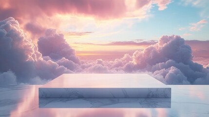 marble display platform on reflective stone floor before cottony pastel clouds at sunrise, serene and dreamy atmosphere