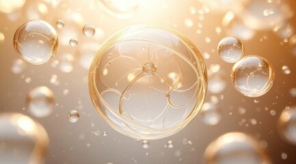Floating translucent golden bubbles with delicate inner filaments in soft warm light creating a serene, dreamy atmosphere