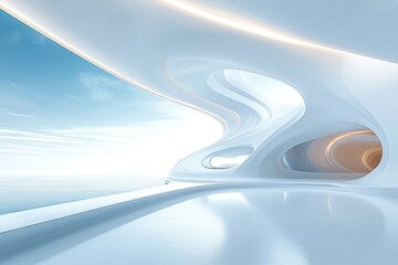 Bright white futuristic curved interior with flowing architectural forms, open seaside walkway, smooth reflective floor, skylight openings and warm alcove light conveying calm serenity