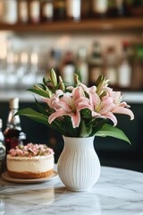 pink lily bouquet in a white vase on a marble table with a decorated cheesecake and a bottle in a warm blurred bar background, cozy elegant mood
