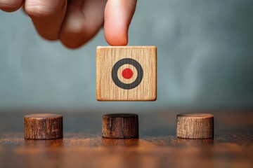 hand picking a small wooden cube with a red target symbol above three round wooden pegs on a tabletop conveying focused decision and precision
