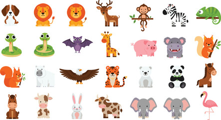 Cute cartoon animal icon collection featuring lion elephant giraffe panda tiger and farm animals for children educational design nursery stickers and wildlife posters