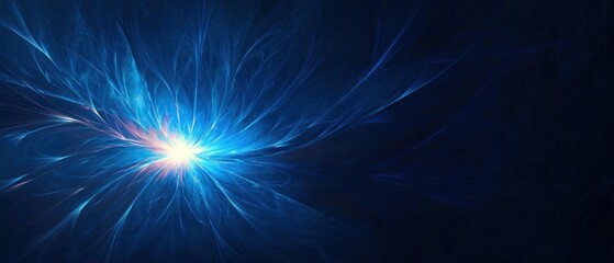 Bright blue luminous burst with featherlike wisps and radiating filaments on a dark background, evoking wonder and calm