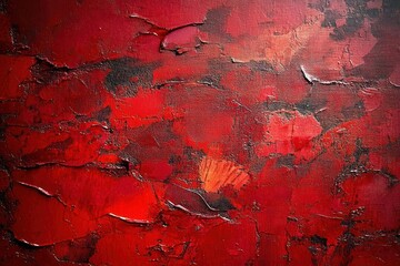 close-up of cracked red impasto painting with black and orange accents, rough weathered textured canvas conveying fiery intensity and dramatic distressed surface