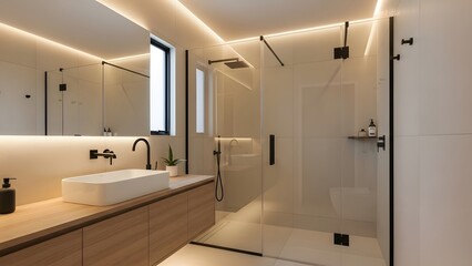 Modern bathroom with glass shower and white sink