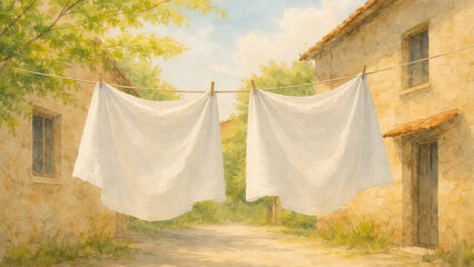 Watercolor Illustration of Laundry Sheets Drying in the Sun