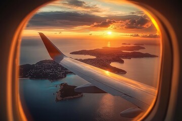 airplane window view of wing over island-studded ocean at golden sunset with glowing clouds and reflective wing, serene and awe-inspiring mood
