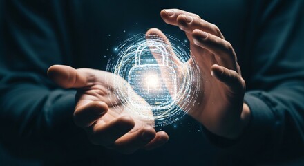 Cybersecurity Padlock Glowing in Human Hands on Dark Background, Data Protection Concept