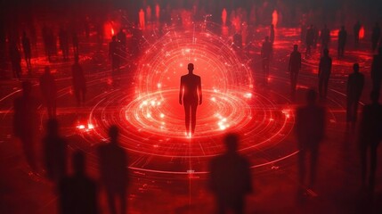 shadowy silhouettes of people on a glowing red digital grid with concentric light rings around a lone central figure, evoking a futuristic, isolated, ominous mood