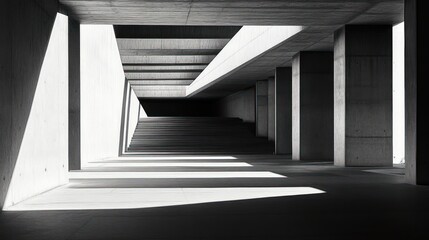monochrome concrete interior with repeating columns, angular skylights and deep staircase, stark light and long shadows creating a dramatic, mysterious and serene atmosphere