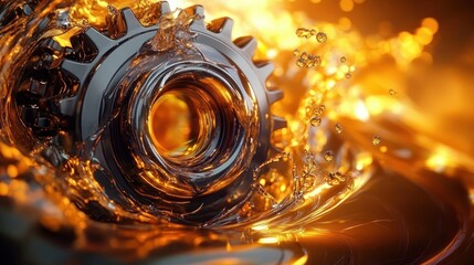 Polished metal gear splashing through golden oil with dynamic droplets and glowing reflections conveying intense energy and precision