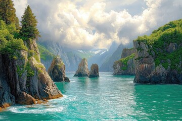 Turquoise coastal fjord with dramatic clouds, towering rocky cliffs and sea stacks, evergreen trees on the shoreline, misty distant mountains, serene and majestic atmosphere