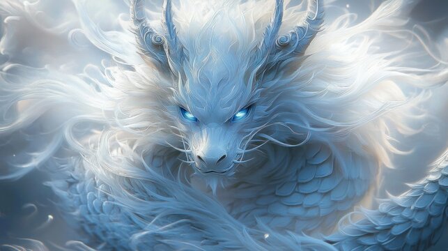 Majestic white ice dragon with flowing fur-like mane and glowing blue eyes, coiled scaly body in mist, serene yet fierce otherworldly presence