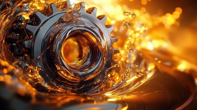 Polished metal gear splashing through golden oil with dynamic droplets and glowing reflections conveying intense energy and precision