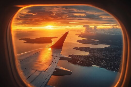 warm golden sunset seen through an airplane window, wing reflecting light over islands and coastal shoreline with calm sea and dramatic clouds, peaceful sense of wonder - Powered by Adobe