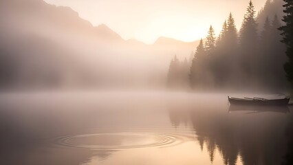 Tranquil misty mountain lake sunrise with a solitary rowboat and gentle ripples