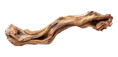 Obraz premium Weathered driftwood with dramatic twisted shape and natural wood grain, isolated on transparent background