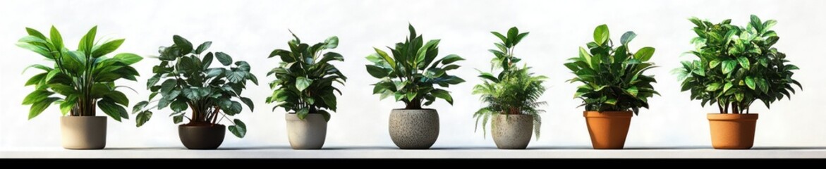 Obraz premium Seven assorted potted houseplants on a white shelf in ceramic and terracotta pots, lush green foliage evoking a calm, fresh minimalist indoor serenity
