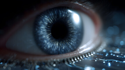 The Gaze of Technology: Intricate details of the human eye are revealed against a backdrop of technology, exploring the convergence of human and artificial intelligence.